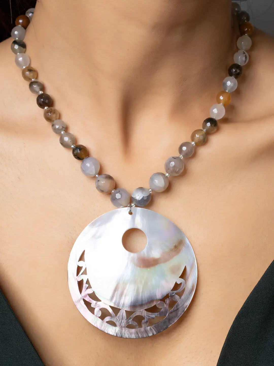 Handmade Mother of Pearl Pendant necklace with polished round beads by LOOK AND ADORN
