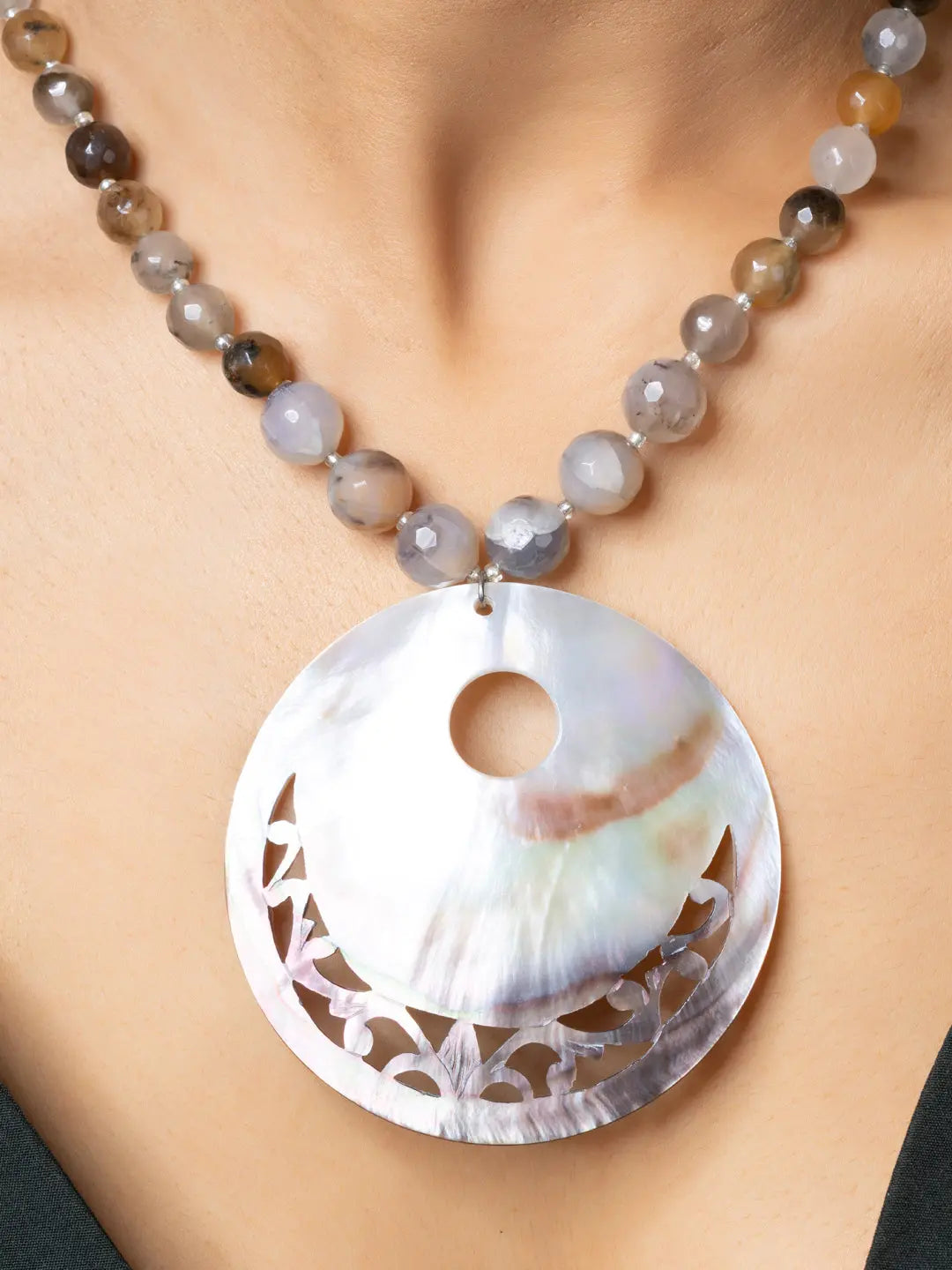 Handmade Mother of Pearl Pendant necklace with carved design and beaded chain by LOOK AND ADORN