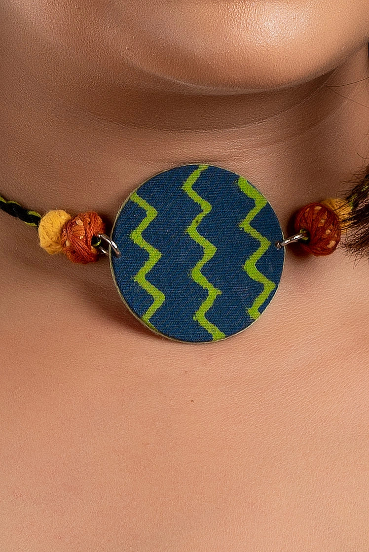 Green Blue Zigzag Fabric Circular choker neckpiece with thread balls and adjustable dori