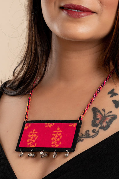 Rectangular Black Pink Orange Fabric neckpiece with ghungroo and adjustable dori