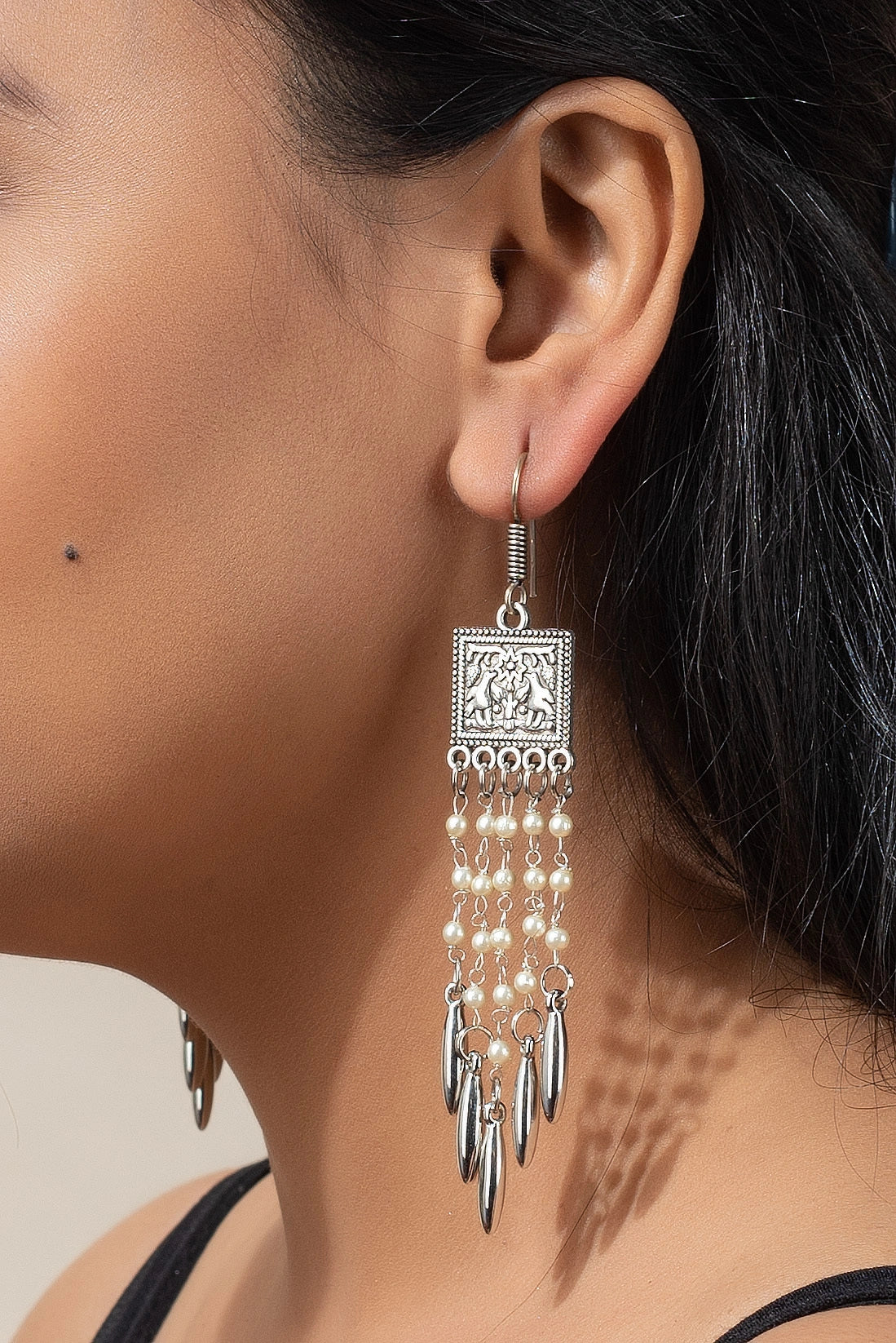 Handcrafted Designer Oxidised Silver Square Frame Dangler Earring with Pearl Chain and Silver Drop