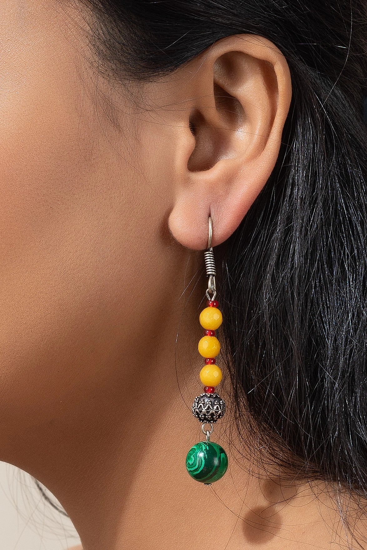 Semi Precious Yellow Jade Long Earring with Malachite and designer Oxidised Silver Bead