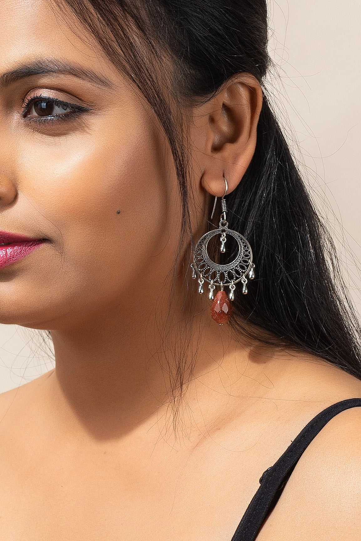 Designer Oxidised Silver Round  Earring with Sand Stone Droplet