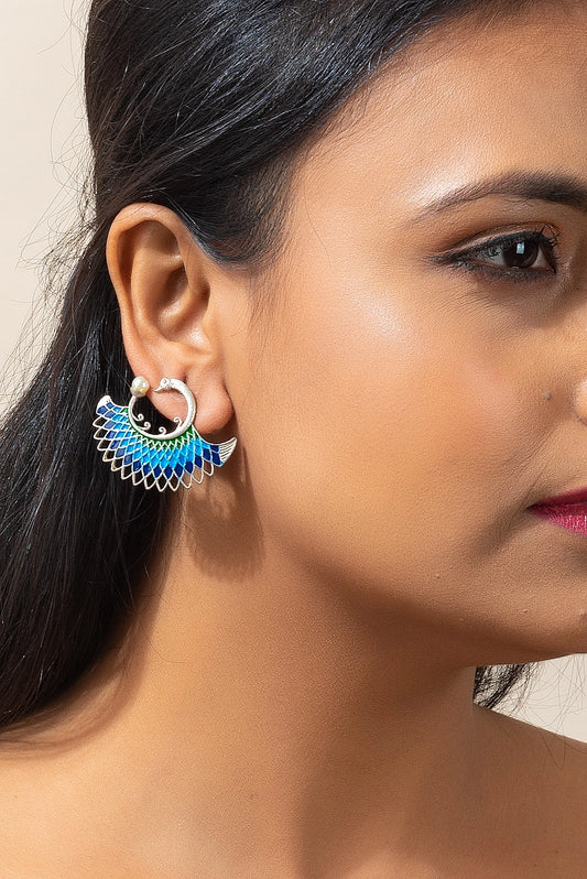 Designer Oxidised Silver Green Blue Meena Peacock stud with Faux Pearl Earring