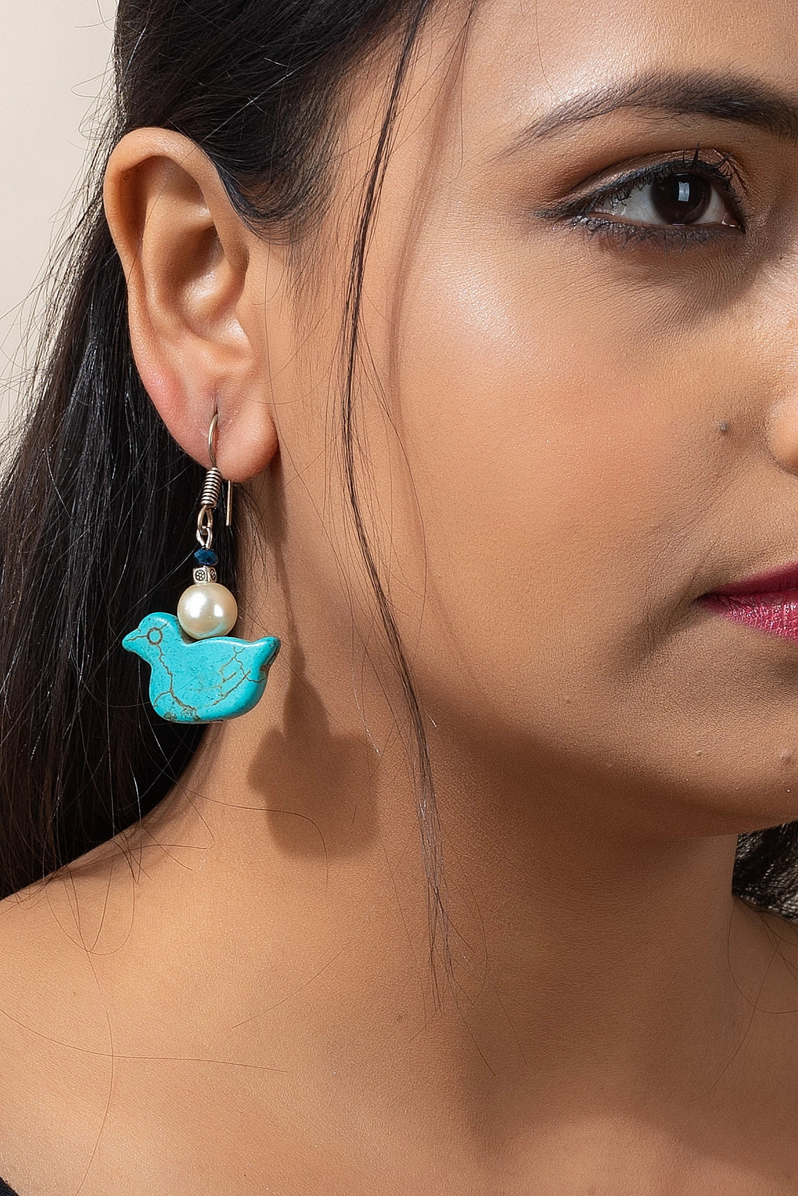 Designer Semi Precious Turquoise Duck Earring with Faux Pearl and Blue Crystal