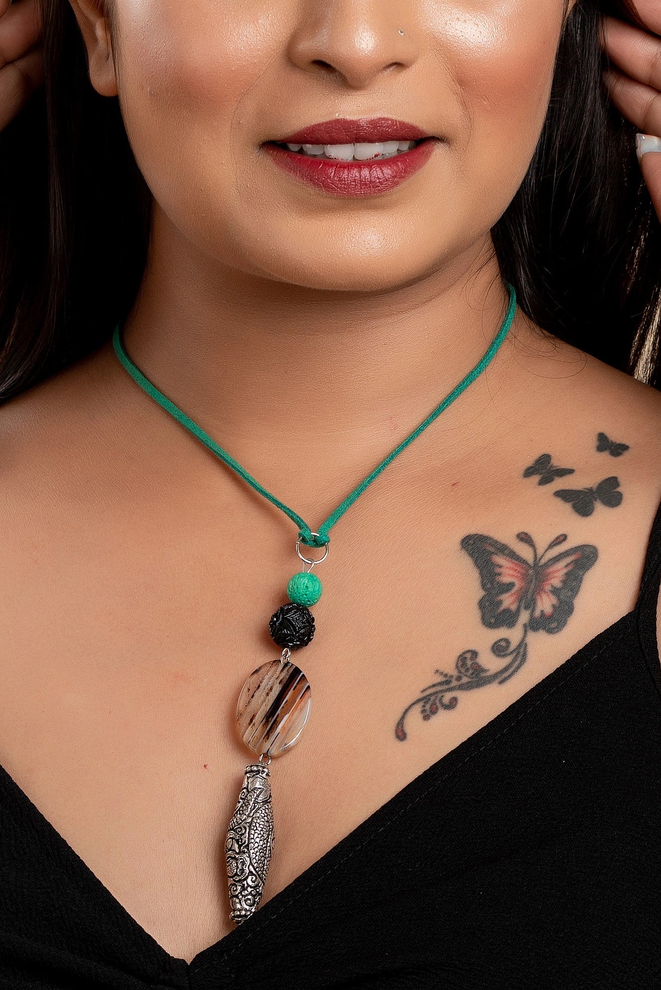 Designer Chitai bead, semi precious stones sleek Neckpiece Strung with Green Adjustable Suede cord