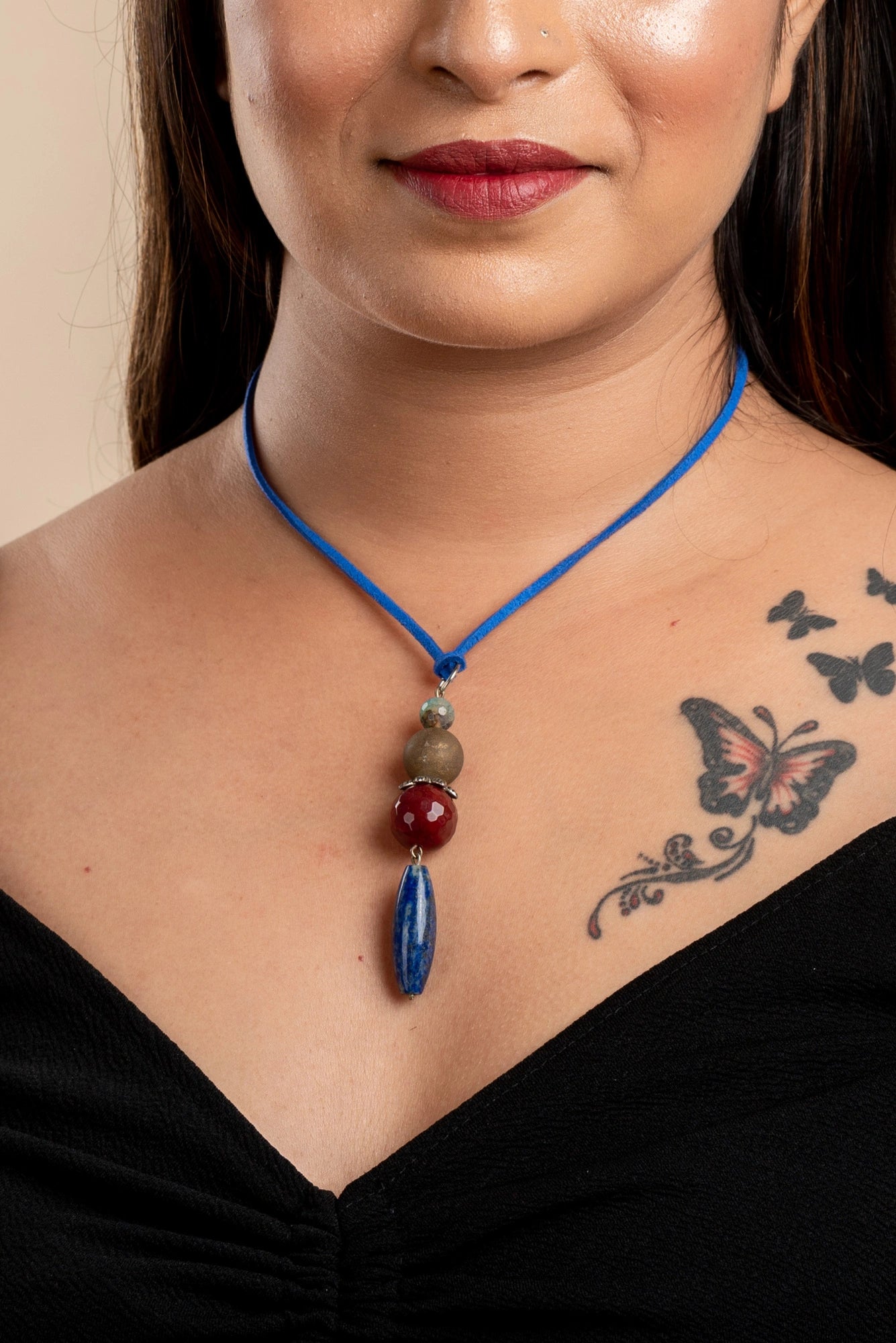 Handmade semi precious stones Lapiz , lava , onyx bead sleek Neckpiece Strung with Blue Adjustable Suede cord