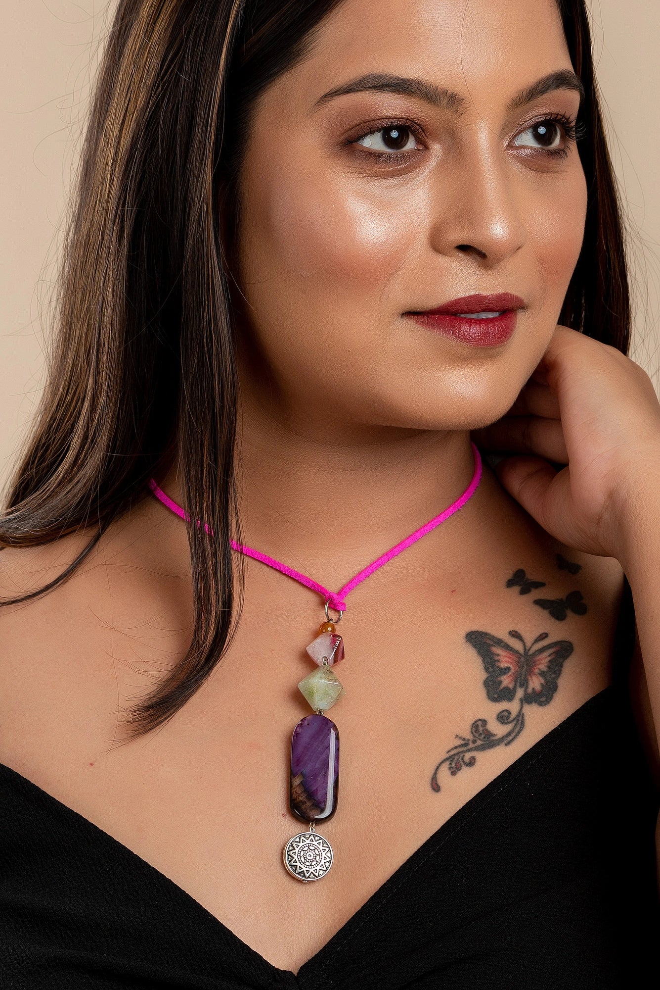Designer Semi precious stones agate onyx sleek Neckpiece Strung with Pink Adjustable Suede cord