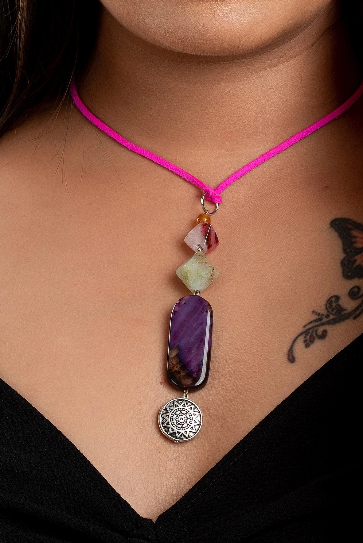 Designer Semi precious stones agate onyx sleek Neckpiece Strung with Pink Adjustable Suede cord