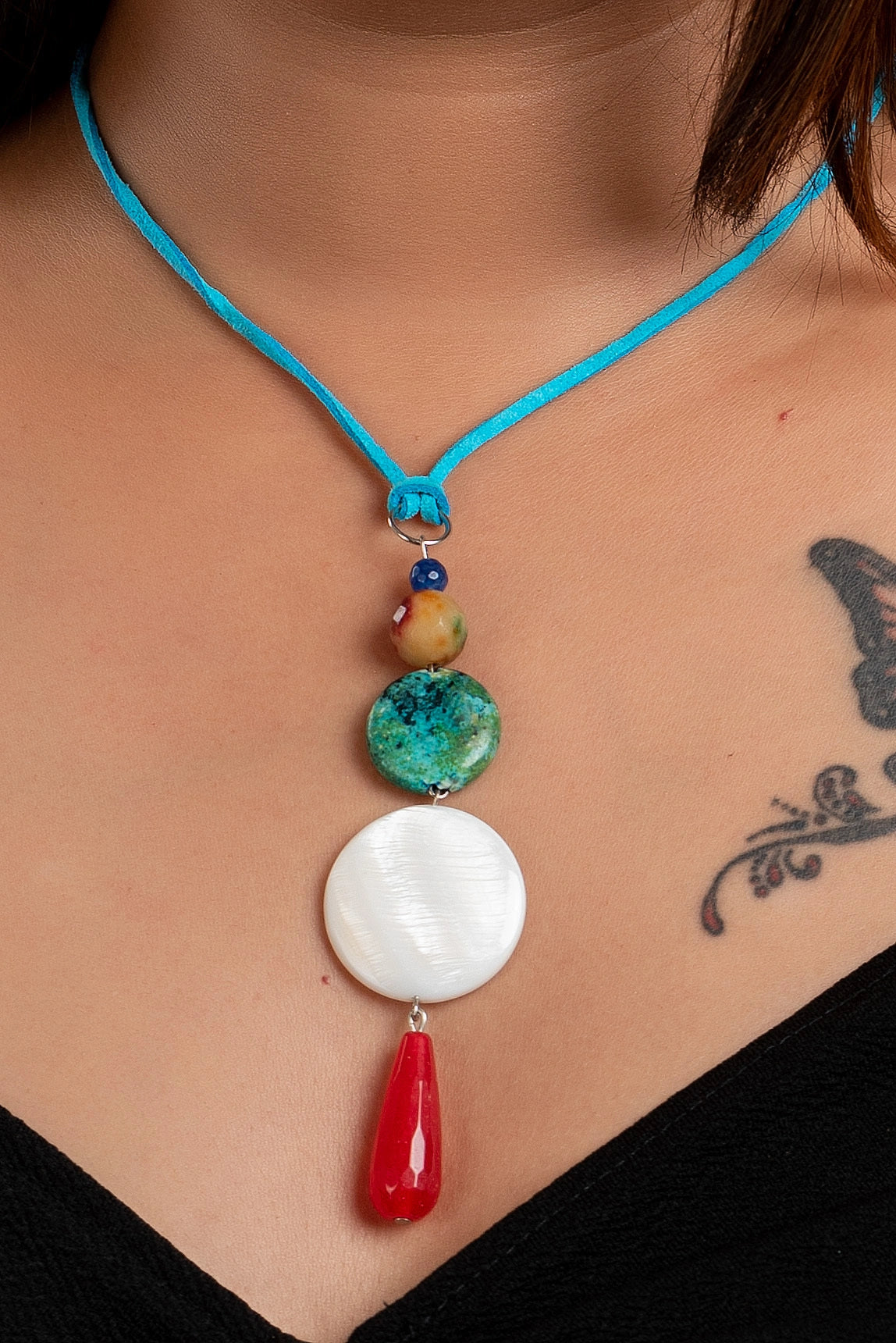 Designer Semi precious stones mother of pearl agate onyx turquoise sleek Neckpiece Strung with Blue Adjustable Suede cord