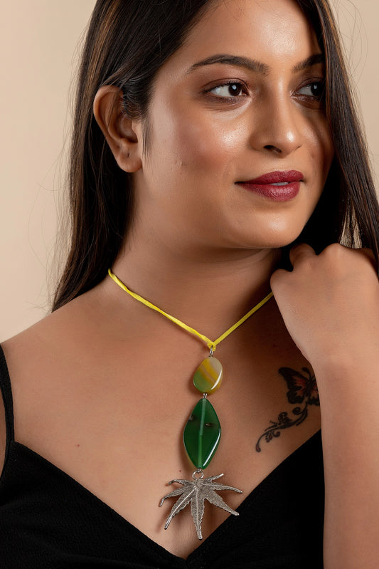 designer-semi-precious-green-yellow-agate-onyx-stone-german-silver-maple-leaf-pendant-strung-with-yellow-adjustable-suede-cord