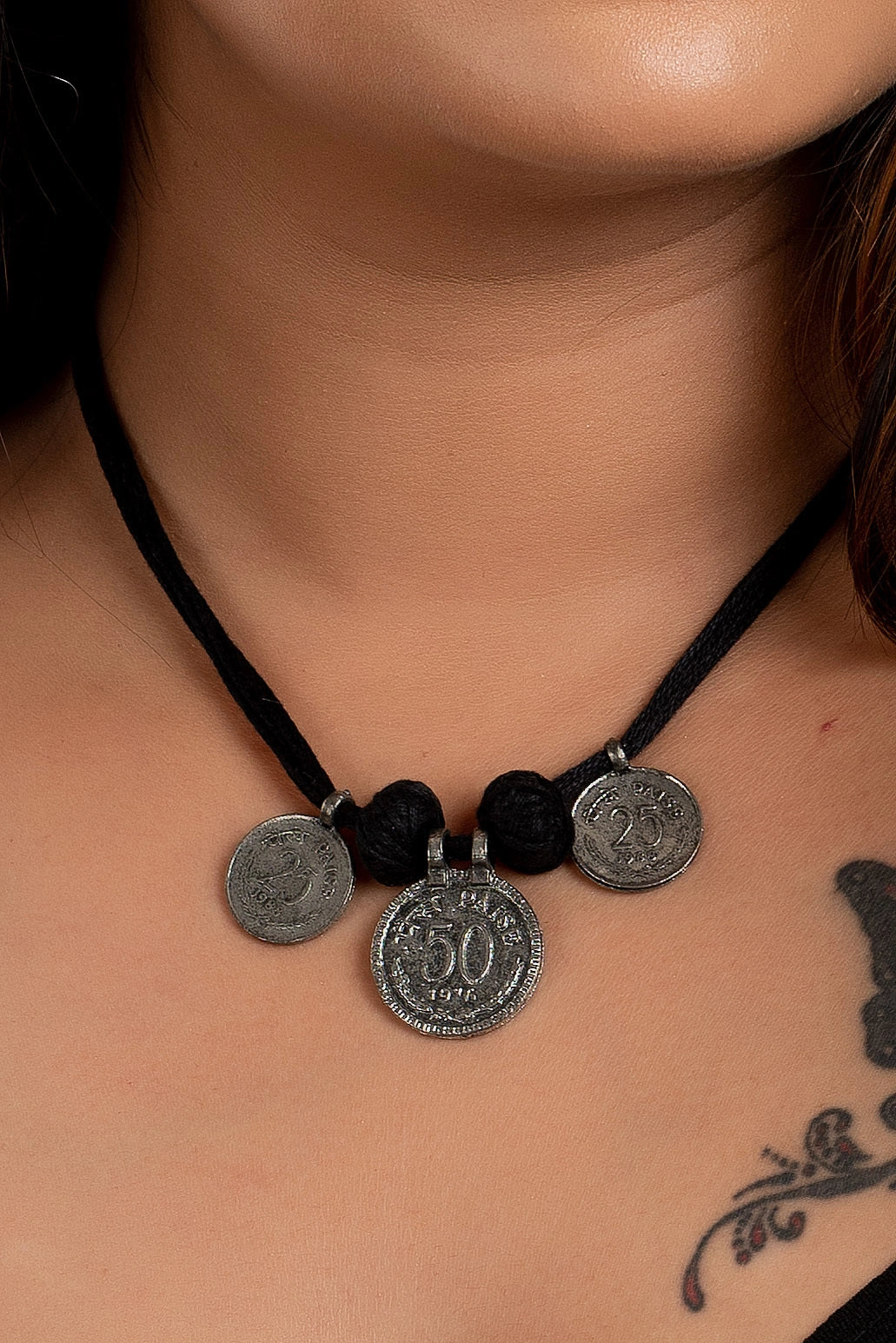 German Silver coin neckpiece with thread bead and Adjustable black cotton dori