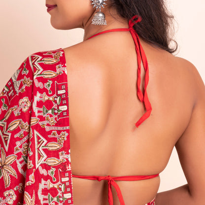 Designer Red Bikini Style Backless Halter Blouse with Golden Lace