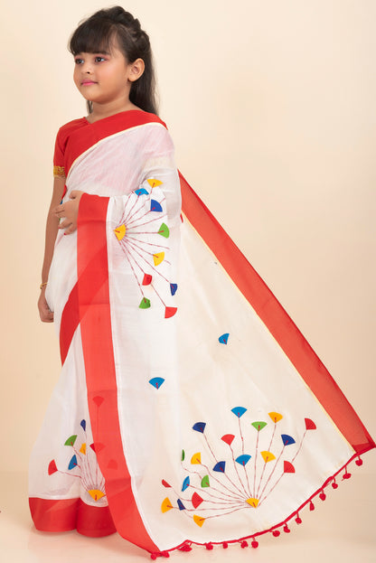 White Handloom Kids Cotton Saree with Stitched Blouse and Petticoat