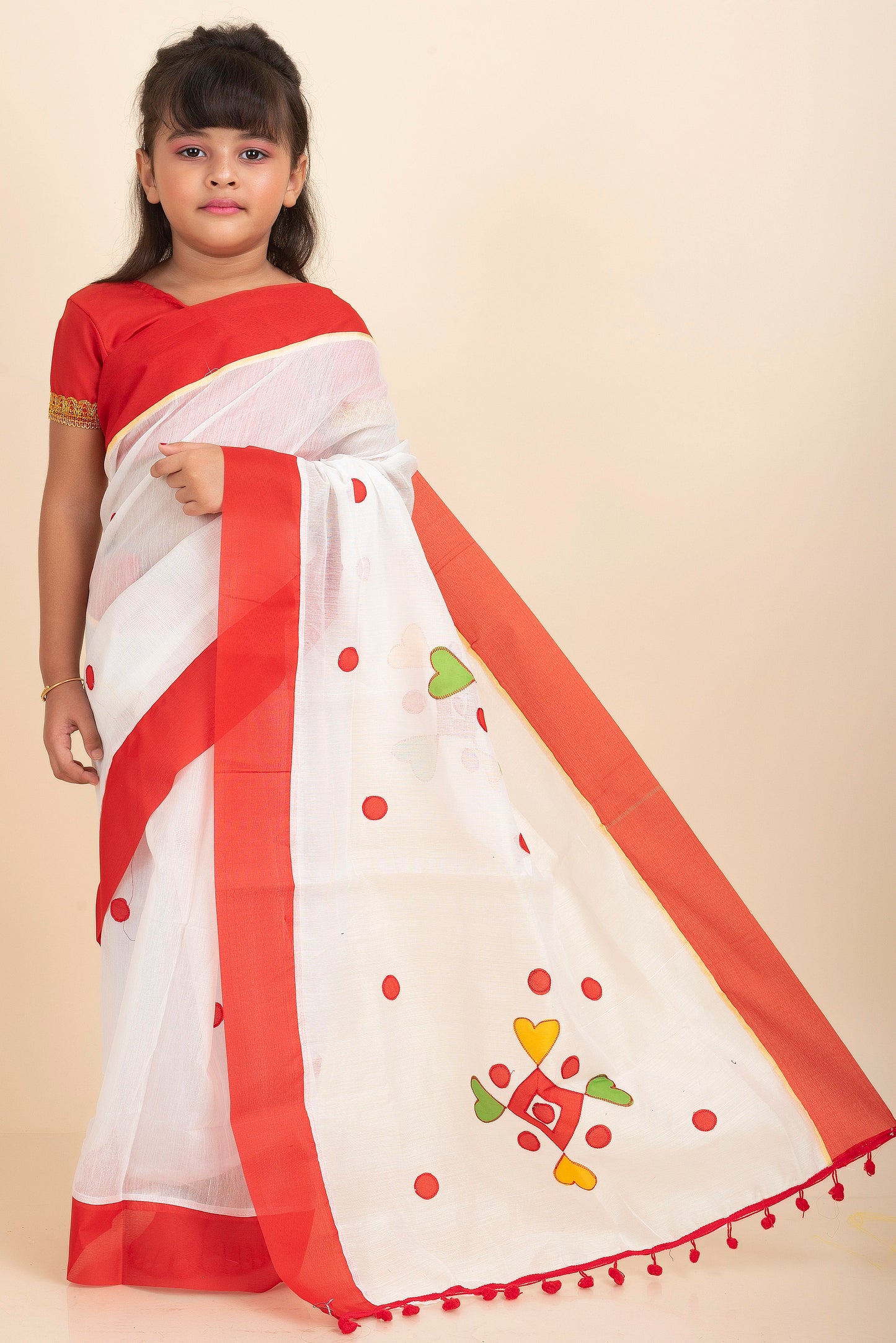 White Handloom Kids Cotton Saree with Stitched Blouse and Petticoat
