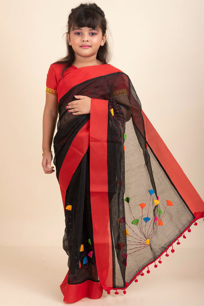 Black Handloom Kids Cotton Saree with Stitched Blouse and Petticoat
