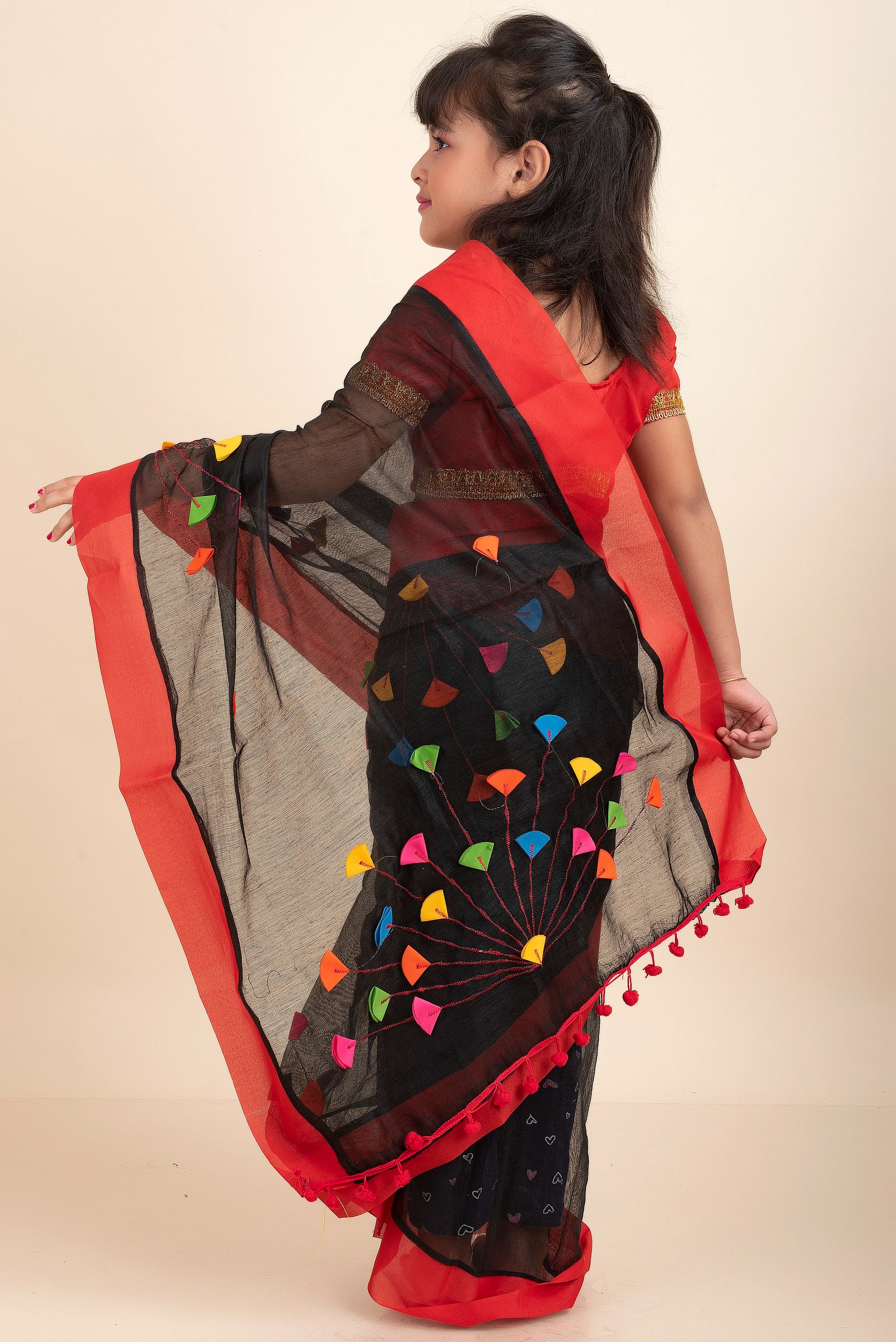 black-handloom-kids-cotton-saree-with-stitched-blouse-and-petticoat-ks11