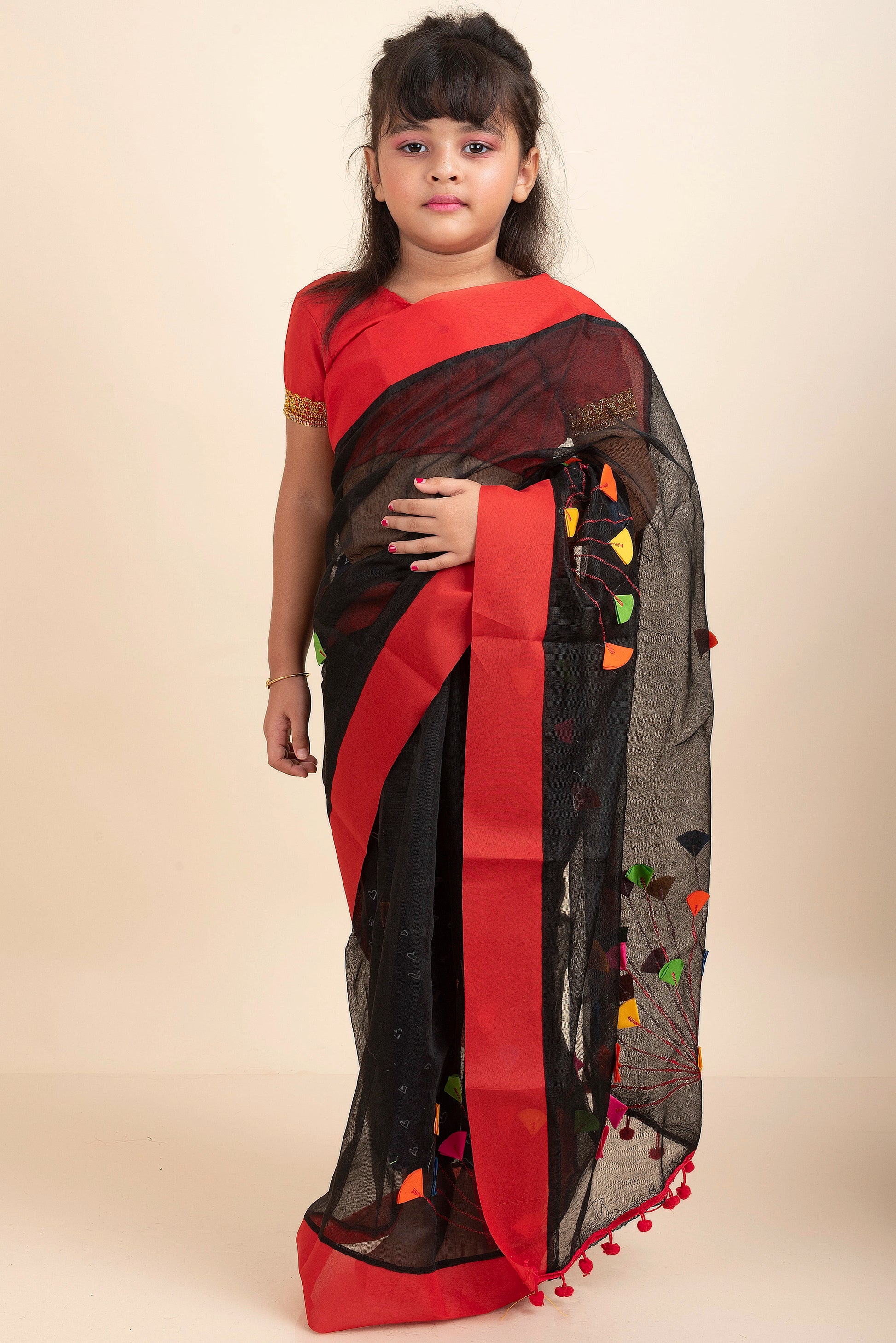 black-handloom-kids-cotton-saree-with-stitched-blouse-and-petticoat-ks11
