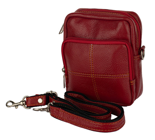 प्योर लेदर यूनिसेक्स रेड क्रॉस बॉडी स्लिंग कम कमर मैसेंजर बैग (7*8)