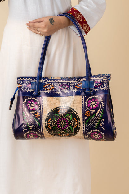 Shantiniketan Leather Traditional Printed Blue Handbag (15*12) for Women