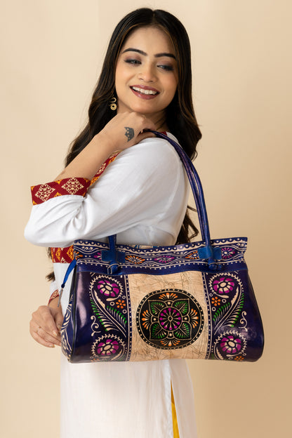 Shantiniketan Leather Traditional Printed Blue Handbag (15*12) for Women