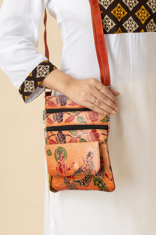 शांतिनिकेतन चमड़ा पारंपरिक मुद्रित महिला ब्राउन क्रॉस बॉडी स्लिंग मैसेंजर बैग (9*7)