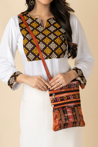 Shantiniketan Leather Traditional Printed Women Brown Cross Body Sling Messenger Bag (9*7)