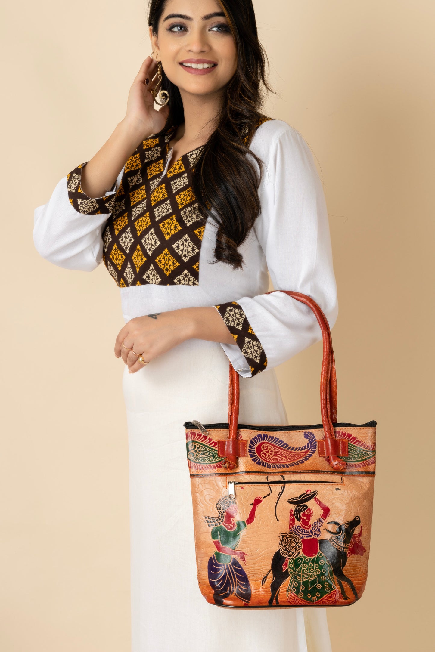 Shantiniketan Leather Traditional Printed Brown Handbag (10*11) for Women