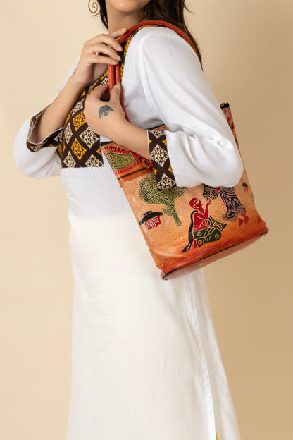 Shantiniketan Leather Traditional Printed Brown Handbag (10*11) for Women