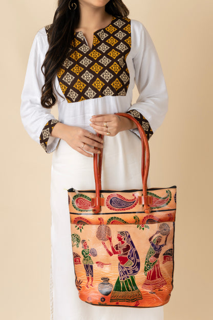 Shantiniketan Leather Traditional Printed Brown Handbag (14*14) for Women