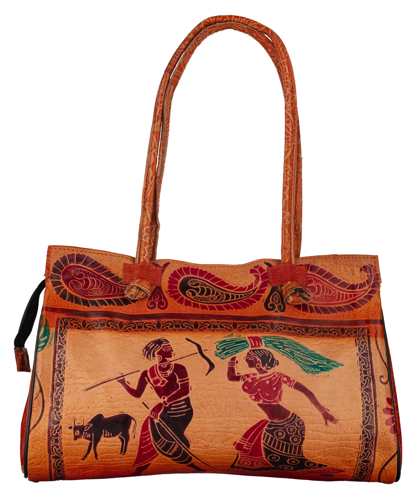 महिलाओं के लिए शांतिनिकेतन चमड़ा पारंपरिक मुद्रित भूरा हैंडबैग (15*12)।