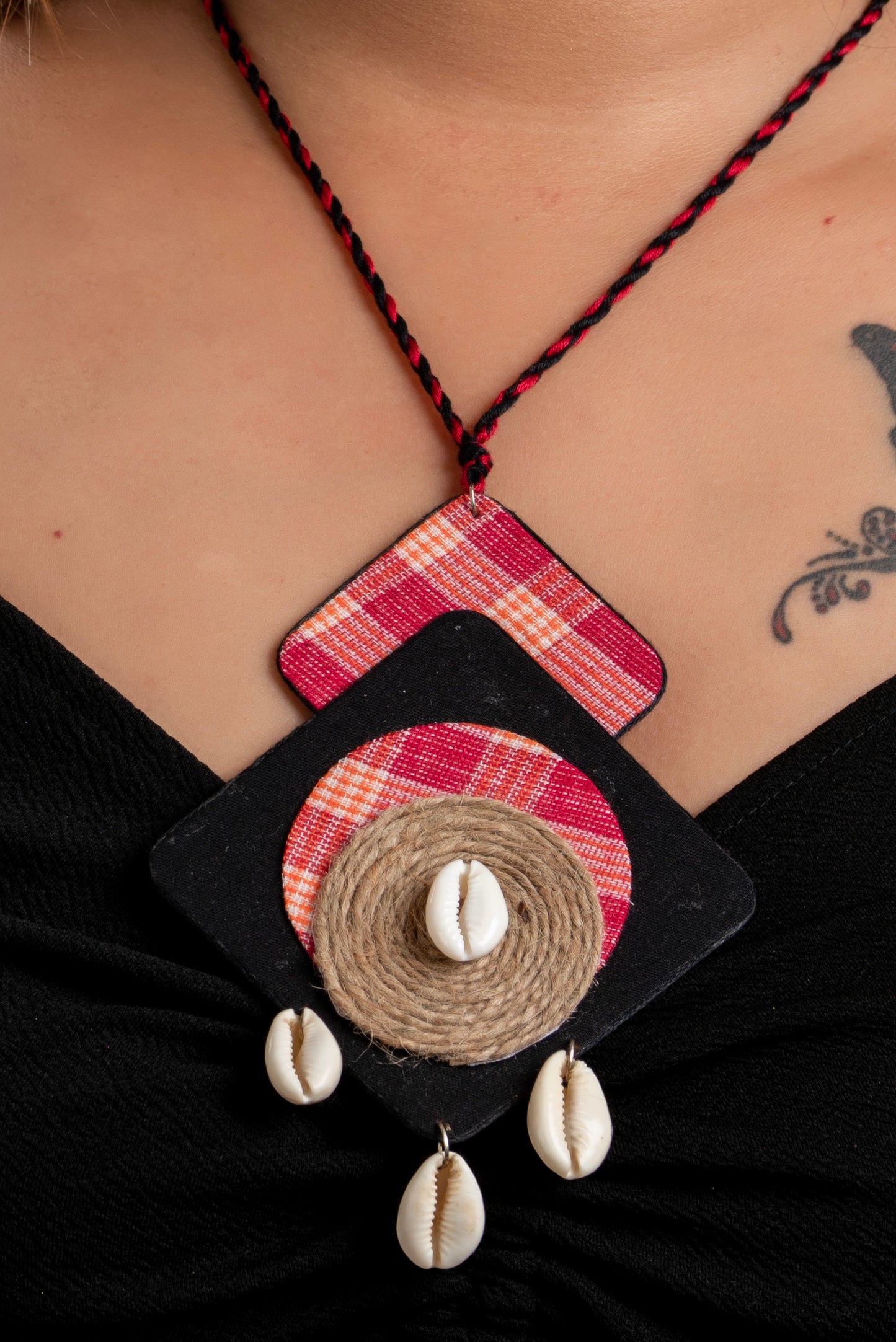 Handcrafted Red Black Gamcha Cowrie Neckpiece Set with Adjustable Dori and Earring