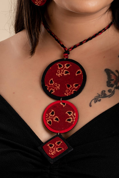 Handcrafted Designer Red Black Ajrakh Neckpiece Set with Earring and Adjustable Dori