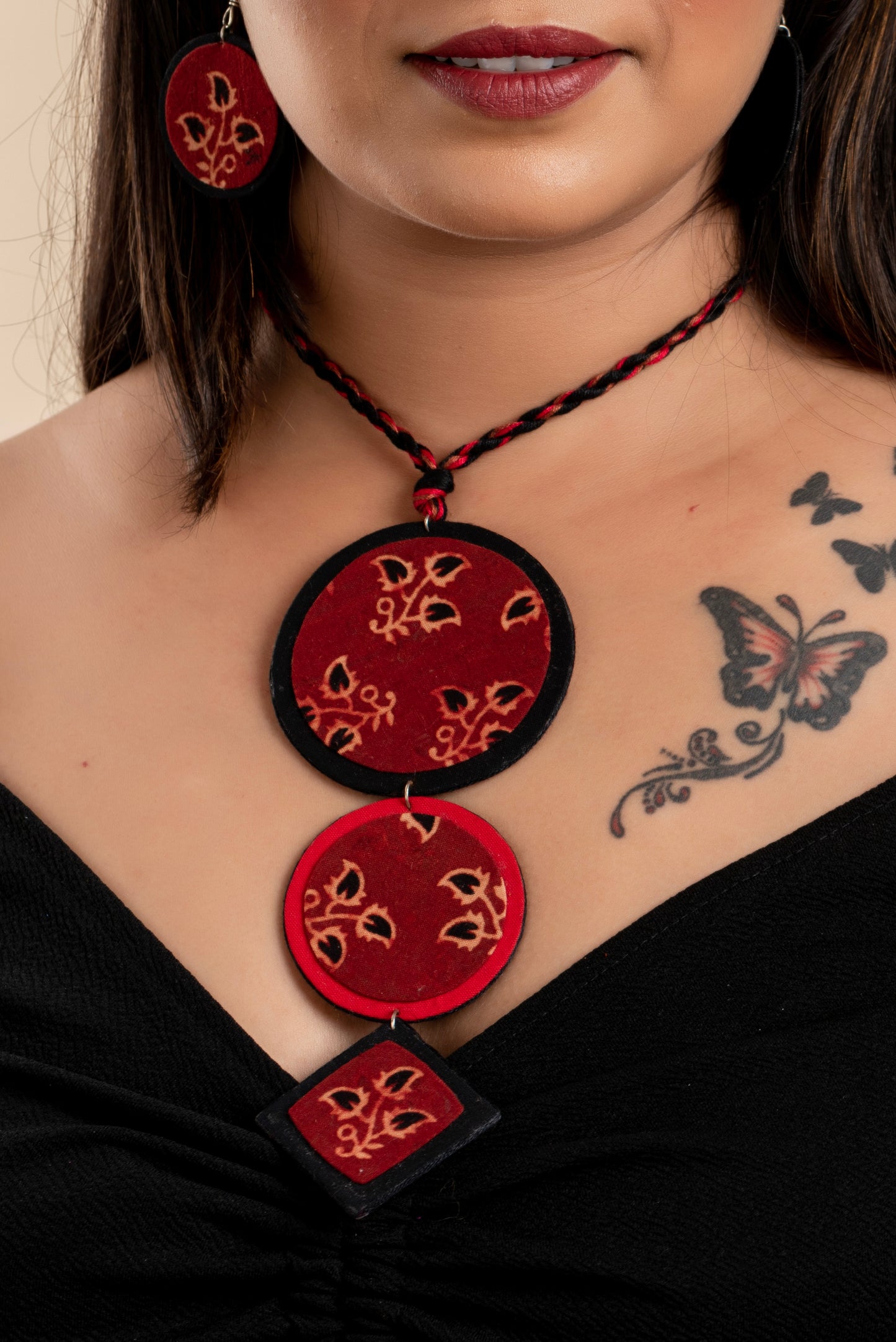 Handcrafted Designer Red Black Ajrakh Neckpiece Set with Earring and Adjustable Dori