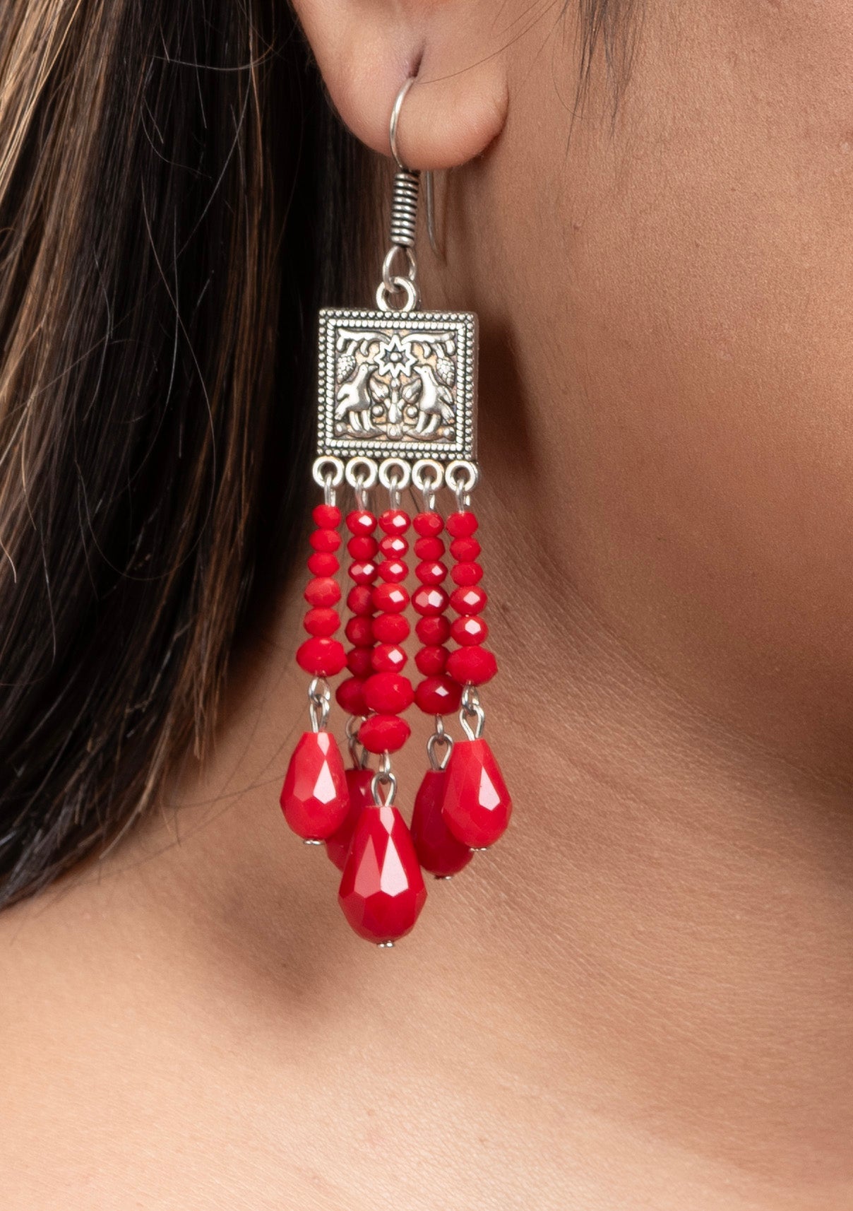 Oxidised Silver Square Charm Earring with Red Drop Crystal