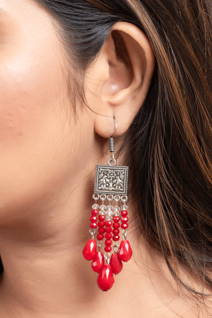 Oxidised Silver Square Charm Earring with Red Drop Crystal