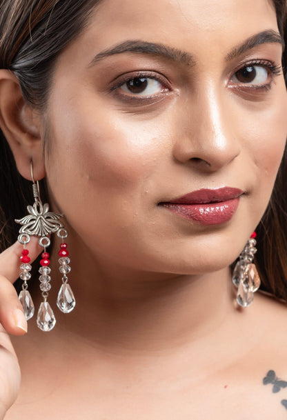 Oxidised Silver White Red Drop Crystal Earring
