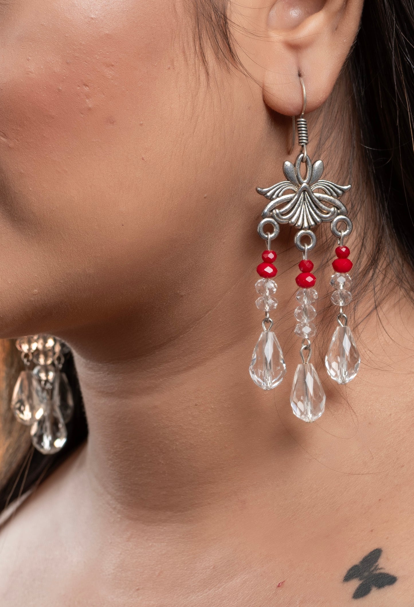 Oxidised Silver White Red Drop Crystal Earring