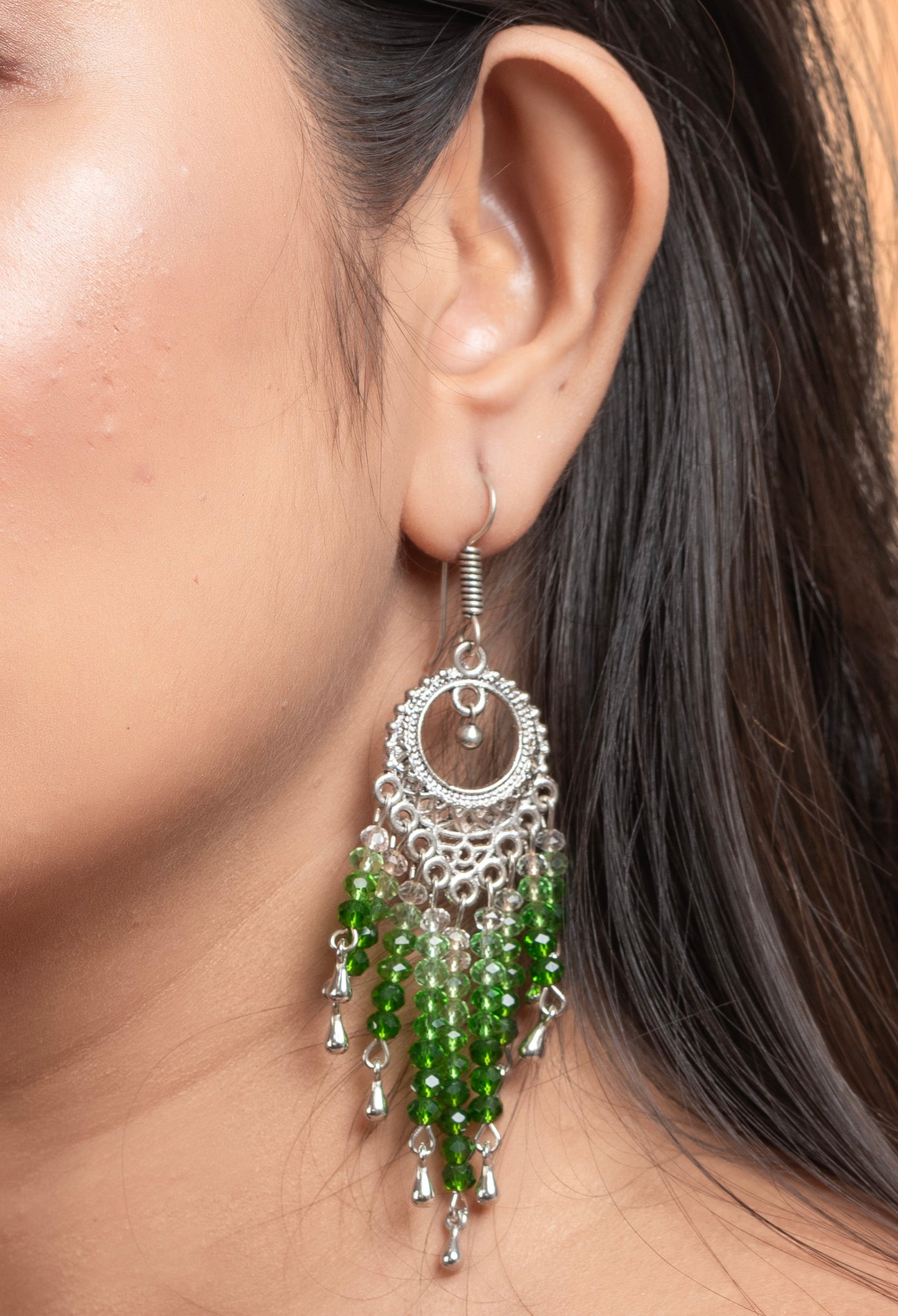 Designer Oxidised Silver White Green Crystal Earring 