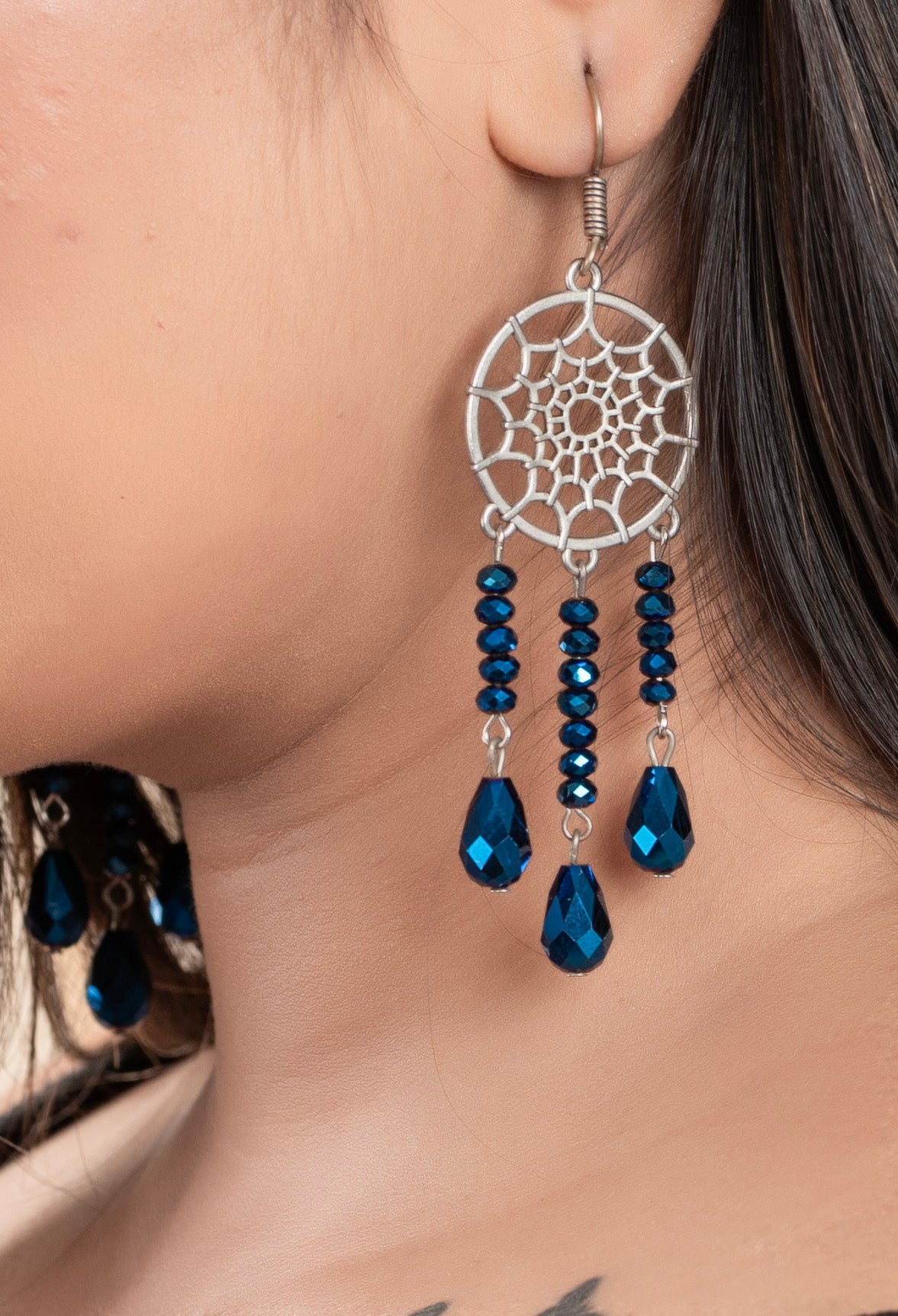 Designer Handmade Oxidised Silver Blue Crystal Drop Dreamcatcher Earring