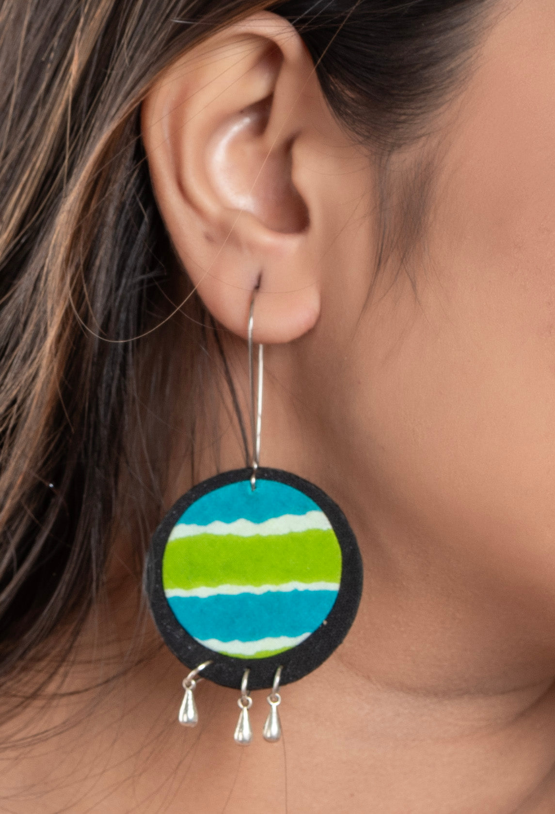 Handmade Lightweight Blue Green Black Fabric Dangler Earring