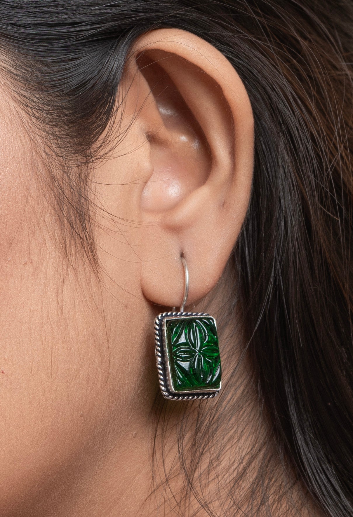 Bottle Green Carved Stone Oxidised Silver Earring