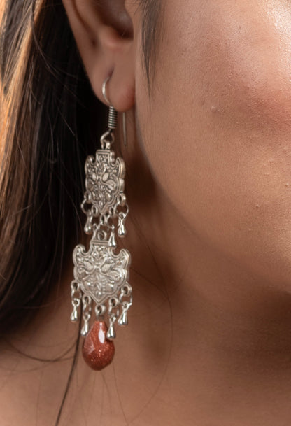Designer Oxidised Silver Two Layer Dangler with Semi Precious Sandstone Drop Earring