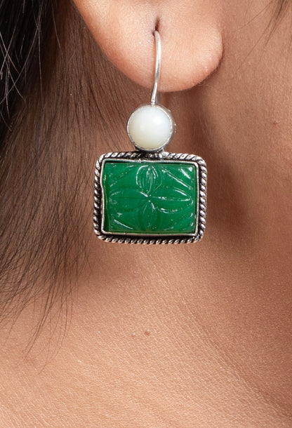 White Green Carved Stone Oxidised Silver Earring