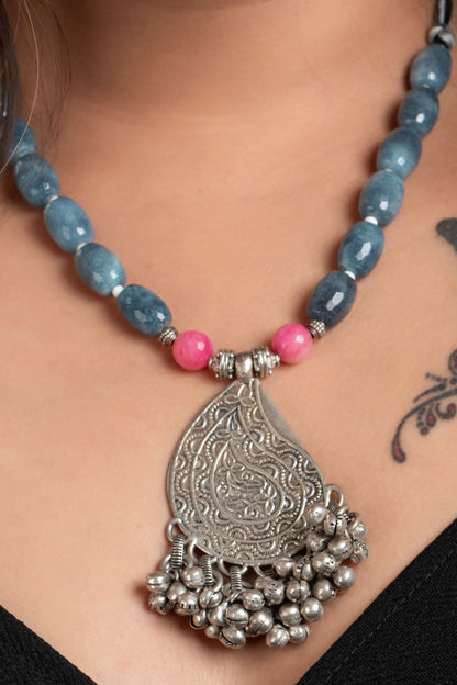 Oxidised Ghunghroo Necklace Set with Semi-Precious Pink Powder Blue Jade Stone and Earring