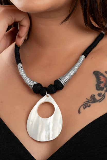 Mother of Pearl Drop Pendant with Black Silver Dori Neckpiece
