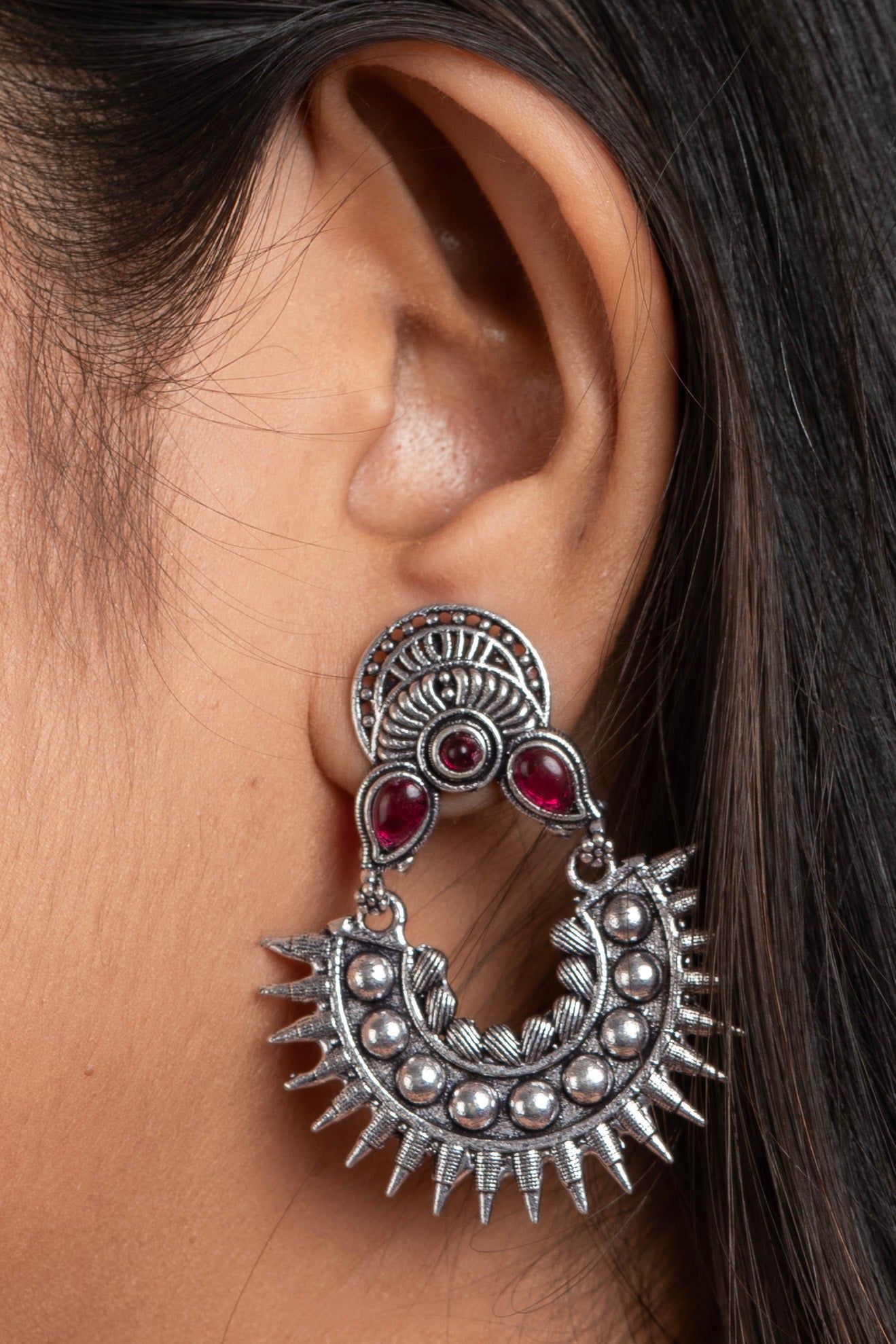 Oxidized Silver Pink Stud Chandbali Earring