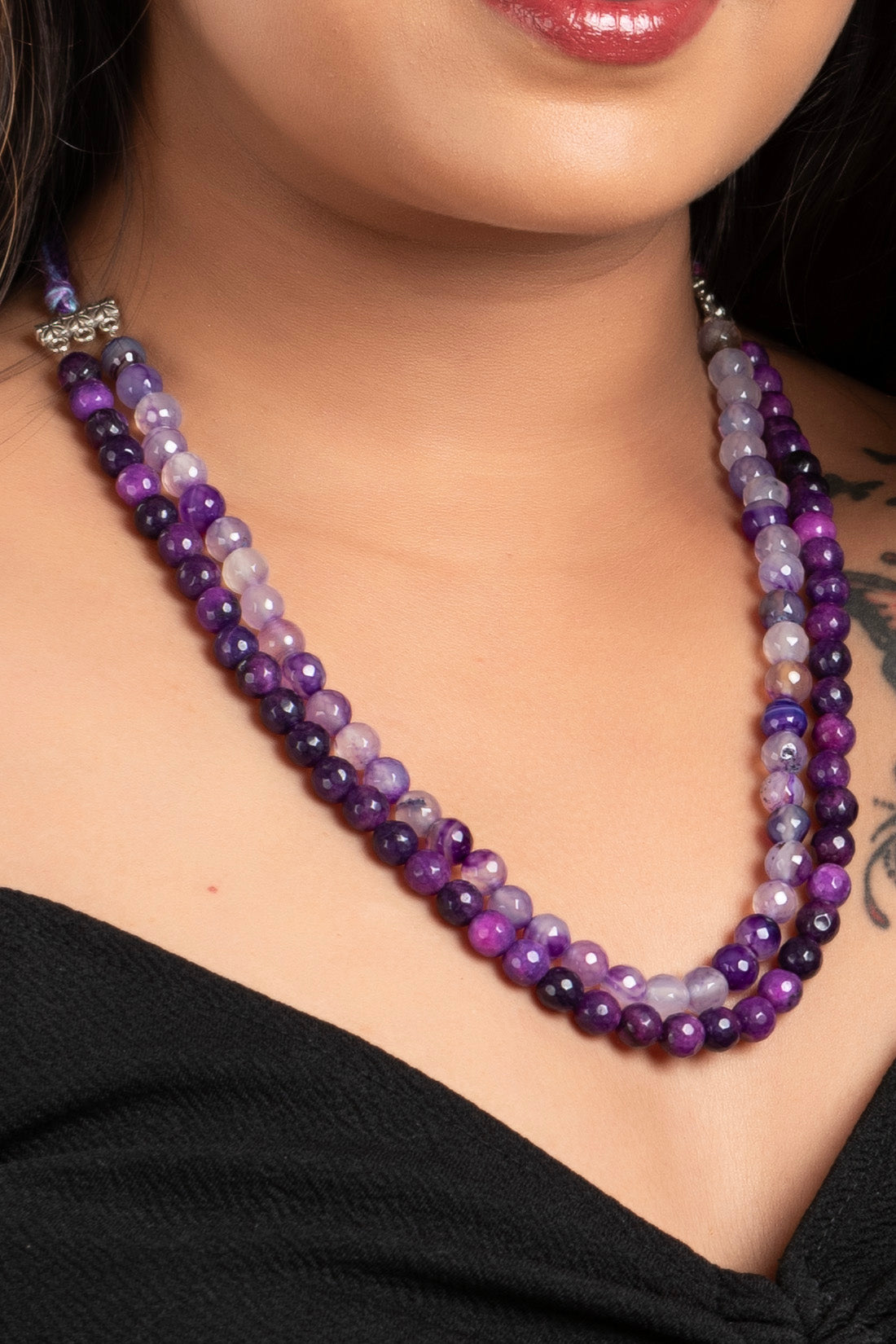 Semi Precious Purple Shade Double line Onyx Neckpiece with Adjustable dori 