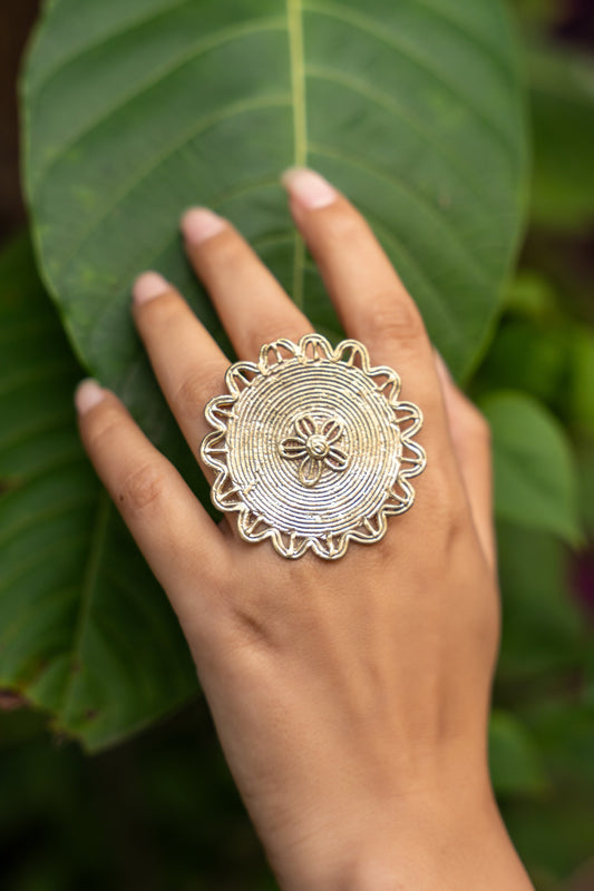 Handmade Floral Dokra Brass Adjustable Finger Ring