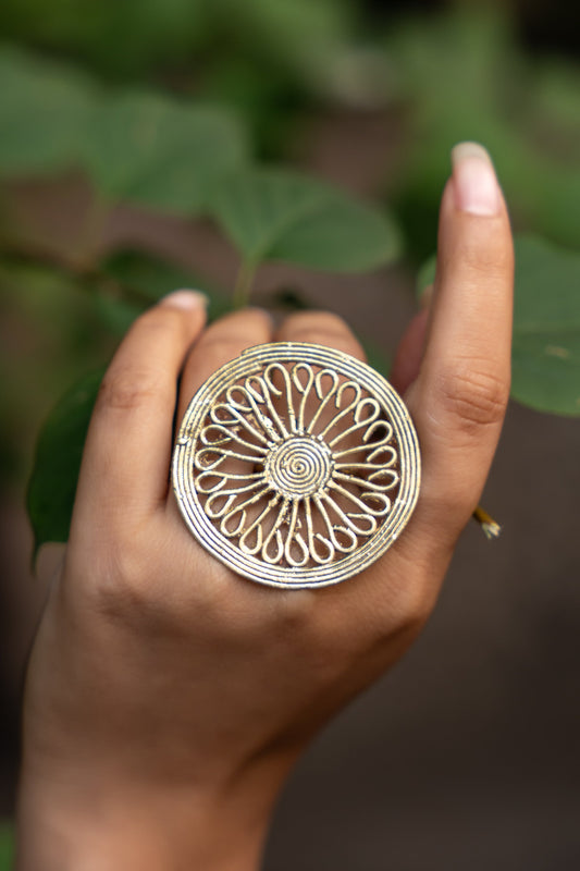 Handmade Circular Dokra Brass Adjustable Finger Ring
